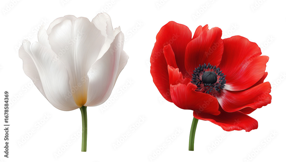 Naklejka premium Two vibrant flowers, one white, one red, isolated against black background. Close-up view