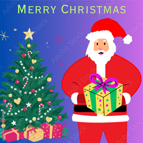 Merry Christmas greeting poster useful for sending wishes banner santa claus holding gift.eps