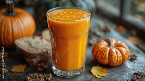 Fototapeta Naklejka Na Ścianę i Meble -  Healthy Zero Sugar Pumpkin Spice Smoothie with Coconut Milk, Whole Wheat Bread – Natural Light Food Photography.