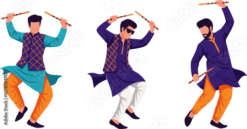 Garba dandiya dance men illustration in traditional Indian attire with dandiya sticks. Dandiya dance characters.