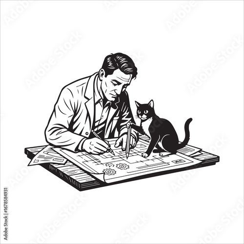 Vector art of man working on a design with his cat