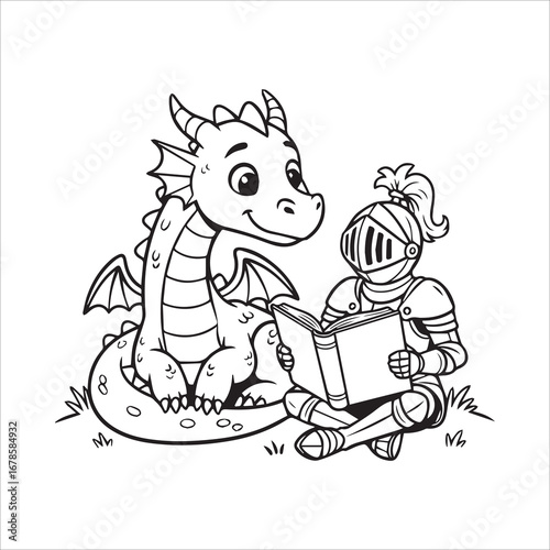 Vector art of a cute cartoon dragon and a knight are reading a book