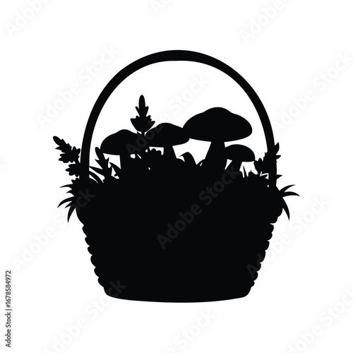 Black Silhouette of a Wicker Basket Filled with Mushrooms and Foliage, mushroom harvesting basket silhouette vector illustration
