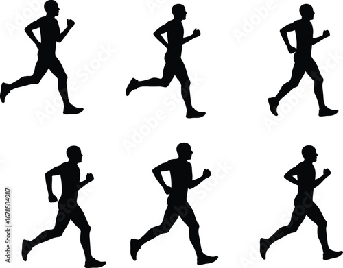 Black silhouette running person vector set, athletic sprint poses, sports training motion illustration, fitness exercise concept, multi‑view runner stride and dynamic movement scenes