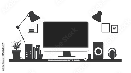 Black Silhouette of a Desktop Computer Monitor – Vector Illustration