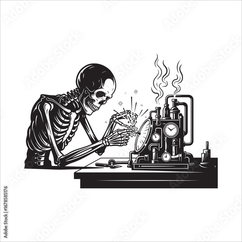Vector art of a skeleton is repairing a steampunk clock machine