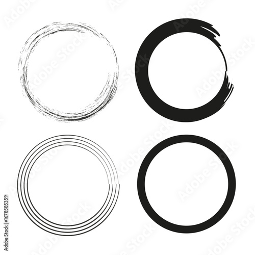 Set of circle frames. Black round elements. Grunge texture borders Vector. Rough shape graphic.