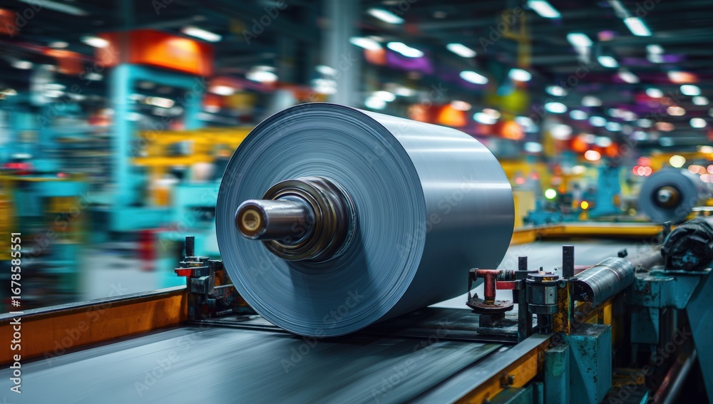 Fototapeta premium Steel roll on a conveyor belt in a factory