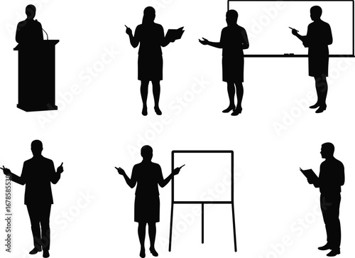 teacher and presenter silhouettes, podium speaking, book reading, whiteboard and easel instruction, classroom lecture, public speaking, flat cad drawing, vector illustration set