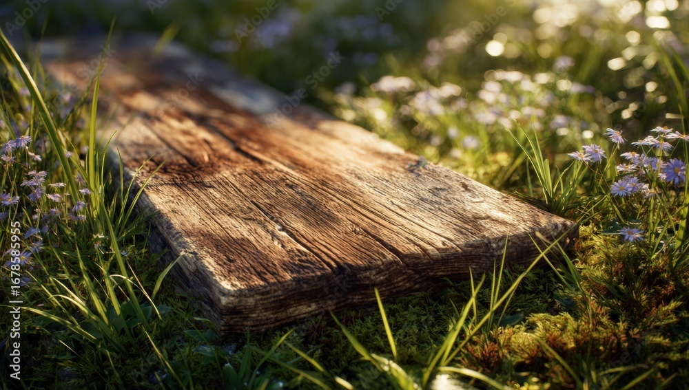 Obraz premium A weathered wooden plank rests amidst wildflowers and grass in a sunlit meadow