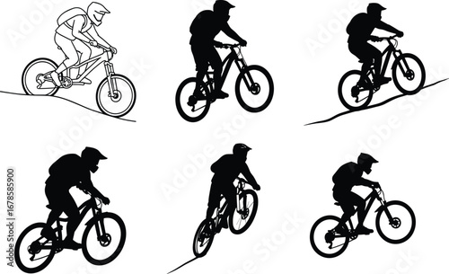 mountain bike rider line drawing and silhouettes, extreme sport cycling poses, uphill and downhill action, helmet safety gear, flat cad vector illustration set
