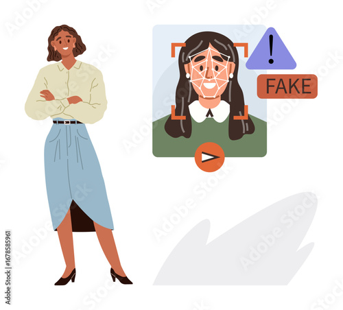 Confident woman next to screen analyzing face detection results. Display includes warning sign of fake. Ideal for AI ethics, fake detection, cybersecurity, education, misinformation, technology