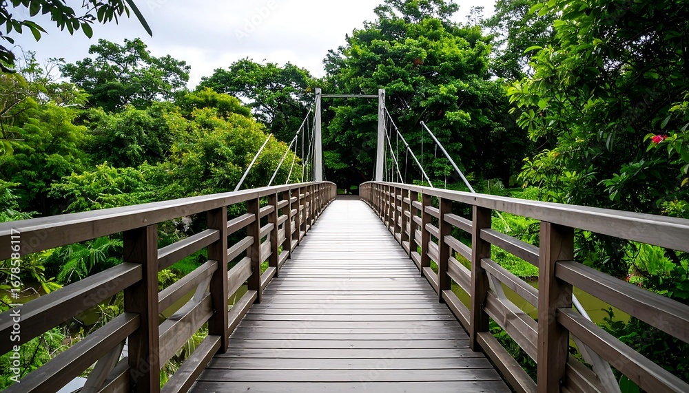 Fototapeta premium Walking path across a wooden suspension bridge into a lush green forest.