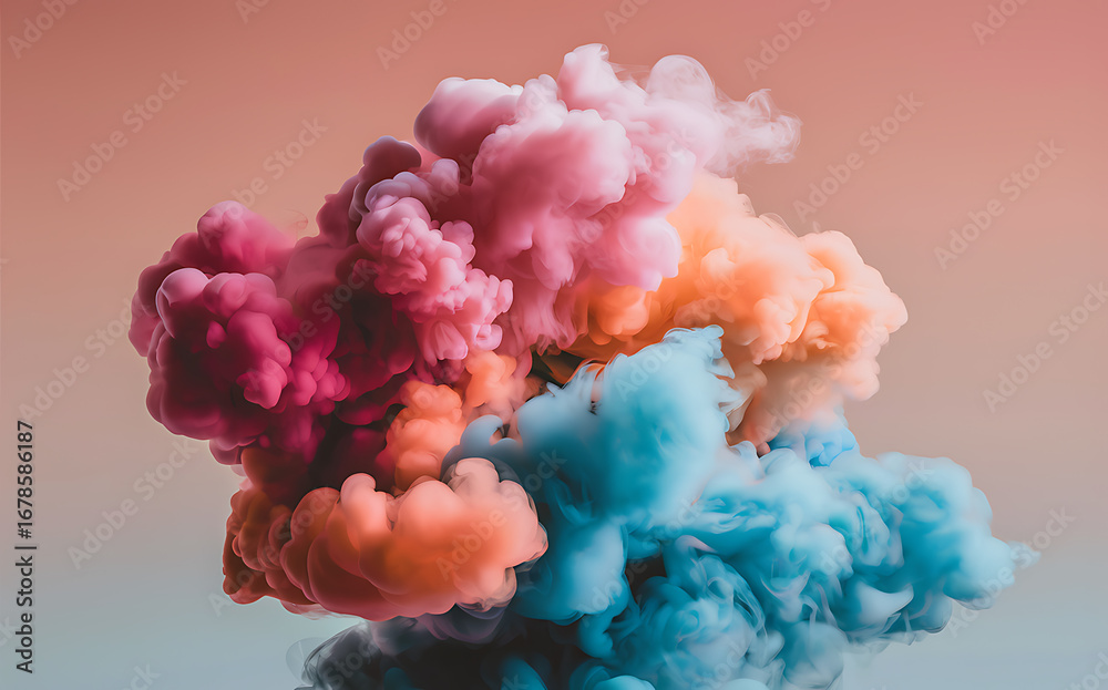 Fototapeta premium Vibrant clouds of pink, orange, and blue smoke swirl against a soft peach background, creating a dreamy, artistic, and ethereal visual effect.