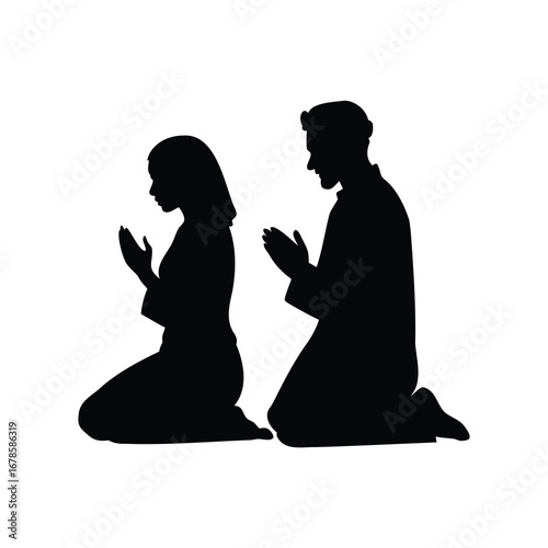 Silhouette illustration of a kneeling man and woman in prayer position, muslim couple praying side by side silhouette vector illustration