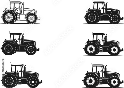 Detailed tractor silhouette set, side view farm machinery, agricultural vehicle illustration, vintage and modern tractor designs, black vector icon collection, farming equipment