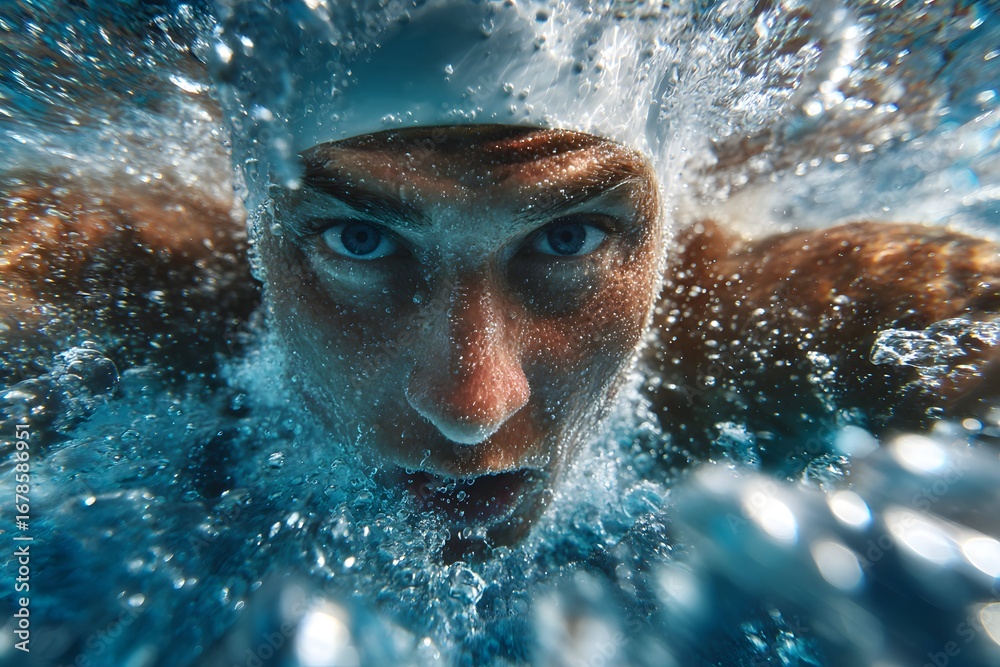 Fototapeta premium Focused athlete practices freestyle stroke, displaying strength and precision in clear indoor pool.