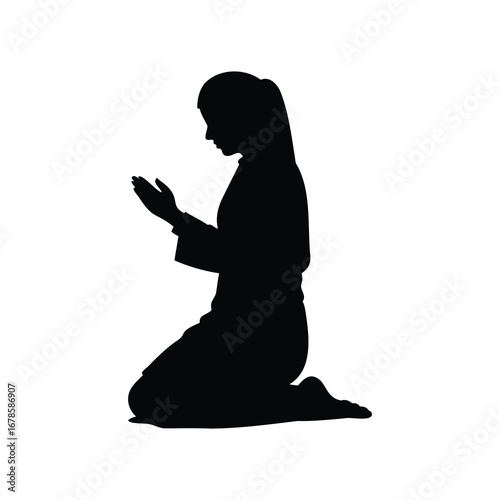 Silhouette of a Muslim Woman Praying with Hands Raised to God, muslim woman making dua silhouette vector illustration