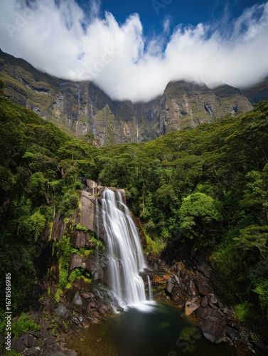 A stunning waterfall flows gracefully over jagged rocks, creating a serene pool below, while dense greenery and towering cliffs frame the natural beauty under a clear blue sky