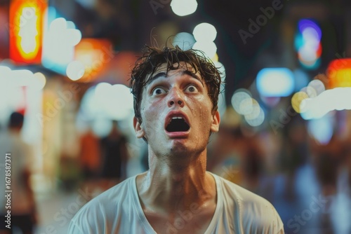 Sweaty man screaming in panic in a crowded night market