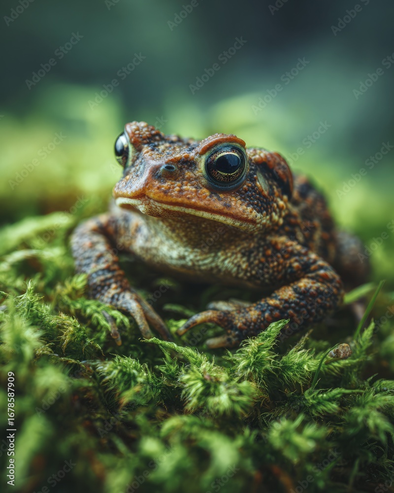 Fototapeta premium Close-up of a toad nestled in moss