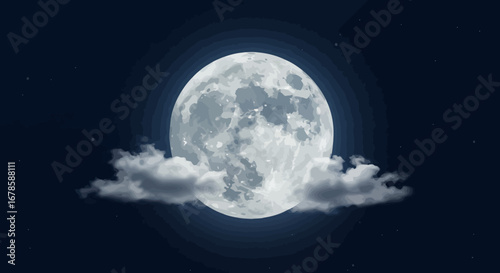 A vector illustration shows a bright full moon shining in the dark blue night sky, partially obscured by soft, fluffy white clouds, creating a serene atmosphere.