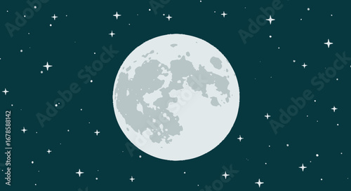 A beautiful full moon shines brightly in a dark night sky filled with countless twinkling stars, rendered in a clean, modern vector illustration style.