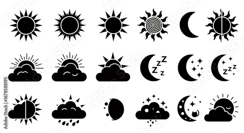 Collection of stylized sun and moon icons representing day and night cycles, weather, and sleep in a clean vector graphic format.