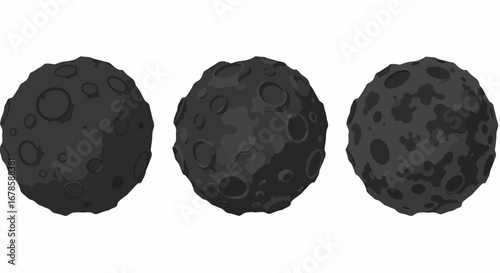 Three stylized, dark vector illustrations of the moon with craters, presented in PNG format on a white background for graphic design.