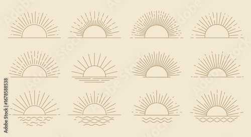 Twelve vector illustrations of minimalist moons and suns with rays, perfect for branding, logos, and website design.  High-resolution PNG downloads included.