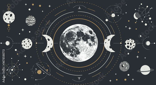 Celestial moon phases vector illustration with orbits and stars on a dark cosmic background, perfect for astronomy and astrology themes.