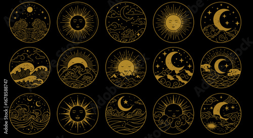 A collection of elegant golden line art circular icons featuring celestial suns, crescent moons, and natural elements on a dark background.