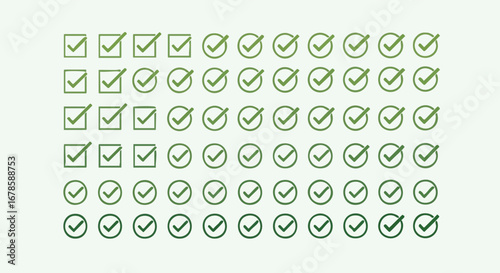 Green checkmarks in squares and circles signify progress and completion for business tasks