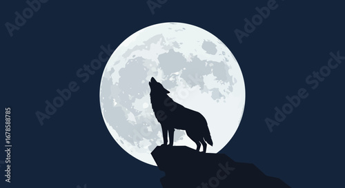 A majestic wolf silhouette howls powerfully at a large, luminous full moon under a dark night sky, rendered as a striking vector illustration.