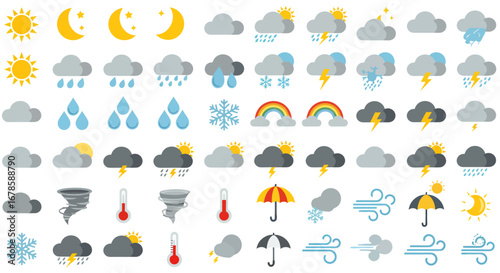 A collection of weather icons in a flat style, depicting various conditions such as sunshine, rain, clouds, moon phases, and storms, perfect for weather apps or forecasts.