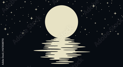 A serene vector illustration displays a full moon reflecting on tranquil water under a starry night sky, perfect for digital art and design projects.