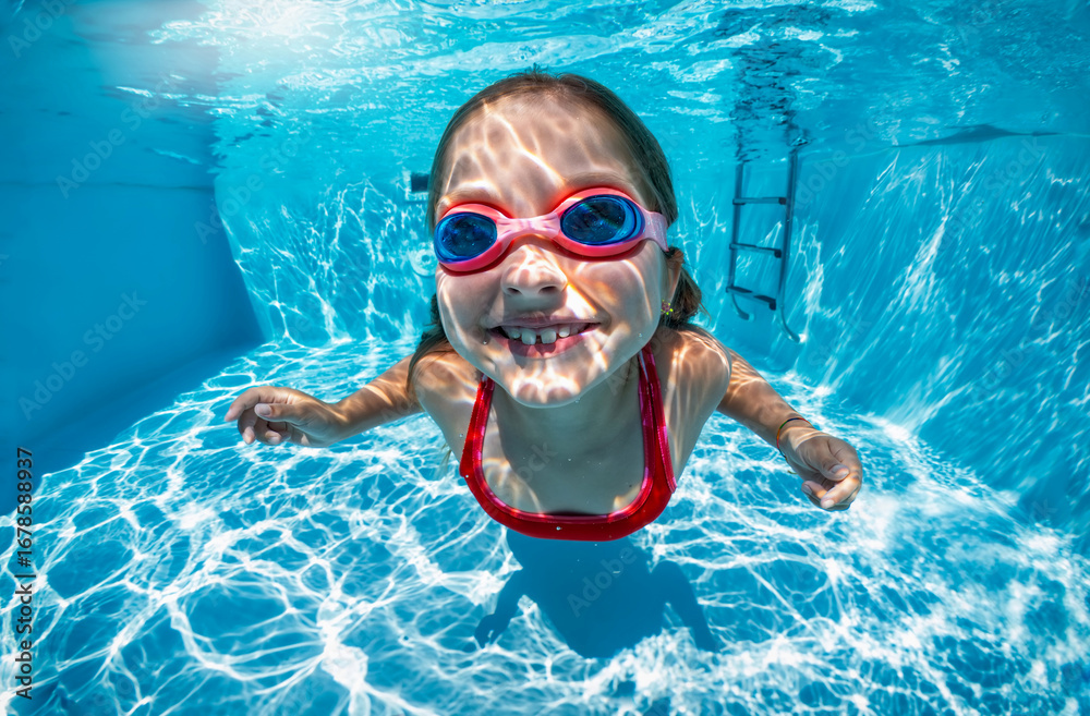 Naklejka premium Funny portrait of a happy girl with goggles diving under water in swimming pool
