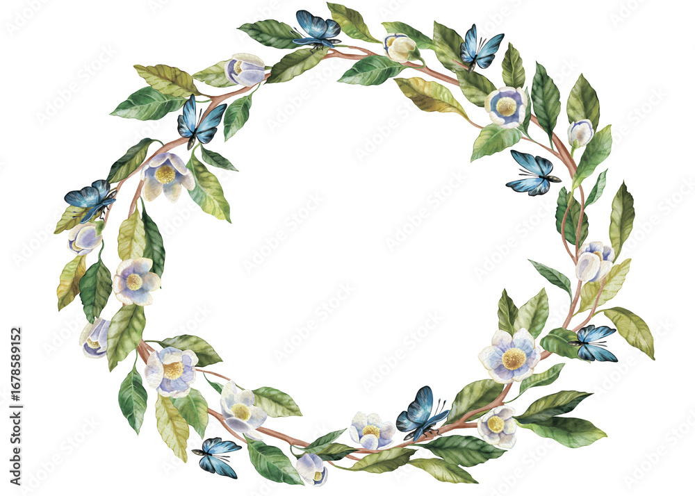 Fototapeta premium Circle frame of dandelions and lush green leaves. Watercolor illustration of blowballs and many white flowers. For flower shop, printing on postcards, greeting cards, business cards, etc. High quality