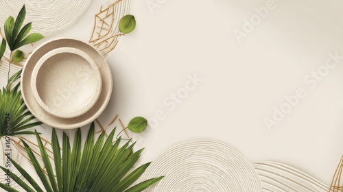 Beige background with bowls, leaves, and straw