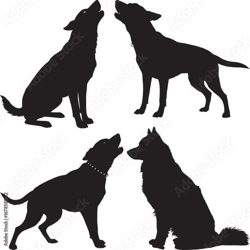 Howling and sitting dogs vector silhouette set