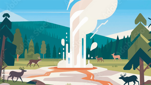 Illustration of Yellowstone Landscape with Wild Animals Design Template with Nature Background