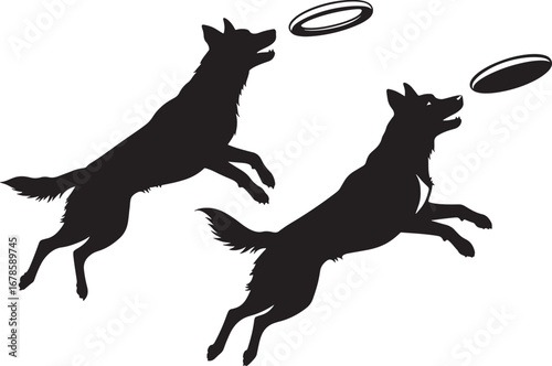 Two jumping dogs catching a flying disc silhouette vector