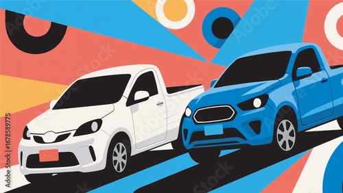 Illustration of Competition Between Pickup Trucks Design Template with Desert Road Background