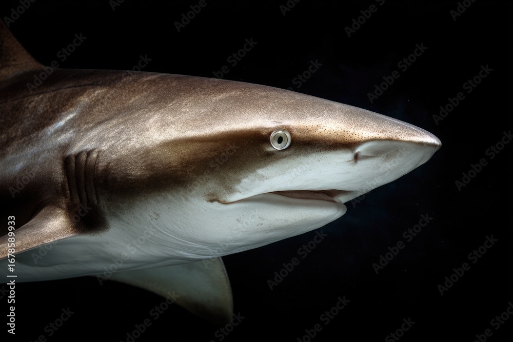 Naklejka premium Close-up shark profile, dark background