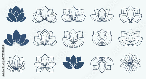 Collection of stylized lotus flower designs in various shapes and colors.