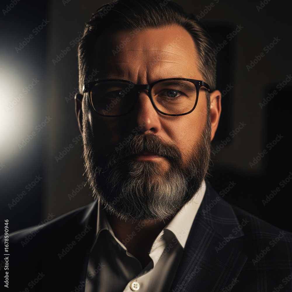 Fototapeta premium Dramatic Portrait of a Serious Bearded Man with Glasses