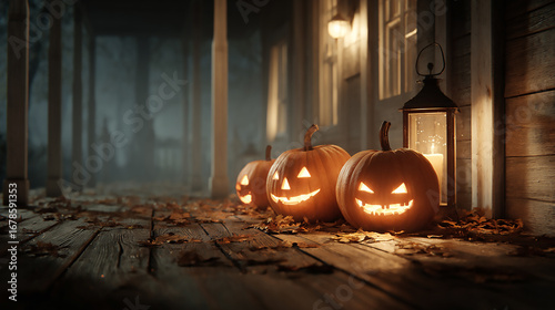 three jack-o'-lantern pumpkins glowing softly on a wooden porch at night, fallen leaves on the floor
