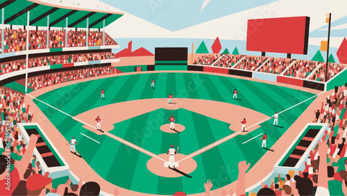 Illustration of Tennis Match with Cheering Crowd Design Template with Court Background