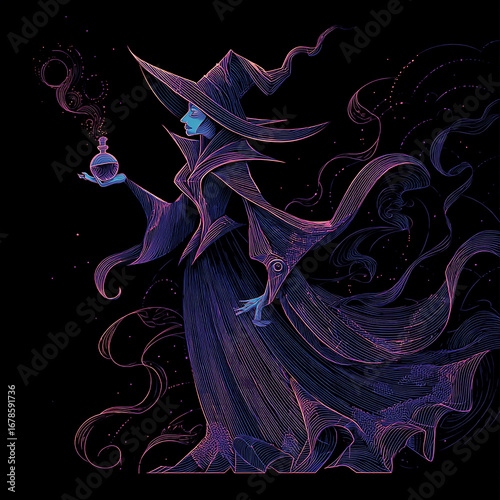 Vector art of a gothic witch with flowing robes and glowing potion bottle, stylized modern lines, Halloween palette
