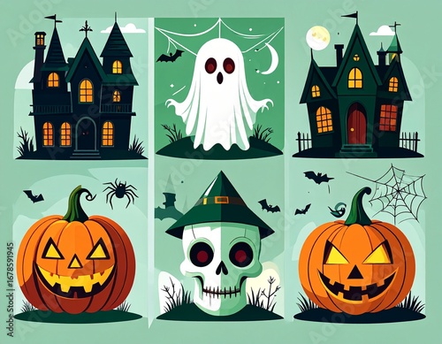 Set of Spooky Halloween Icons with a Skull, Haunted Houses, and Pumpkins